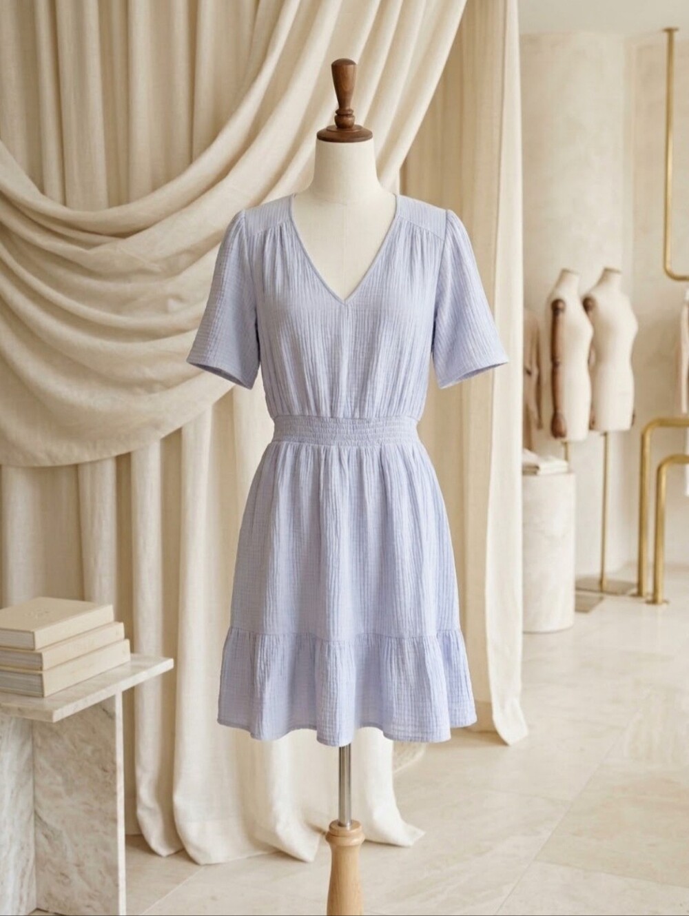 Knox Rose Small — Textured Blue V-Neck Mini Dress